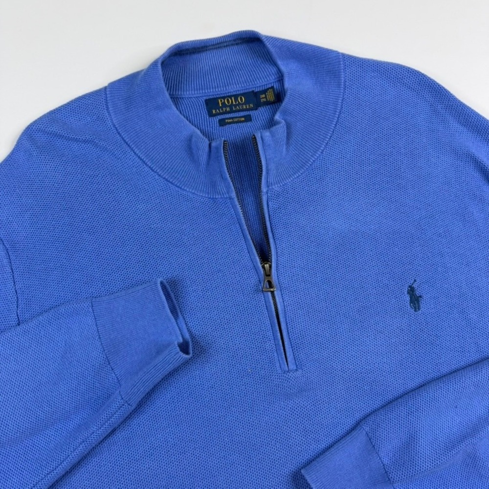 Polo Ralph Lauren 1/4 Zip Mens 2XB Blue Pima Cotton Knit Pullover Sweater